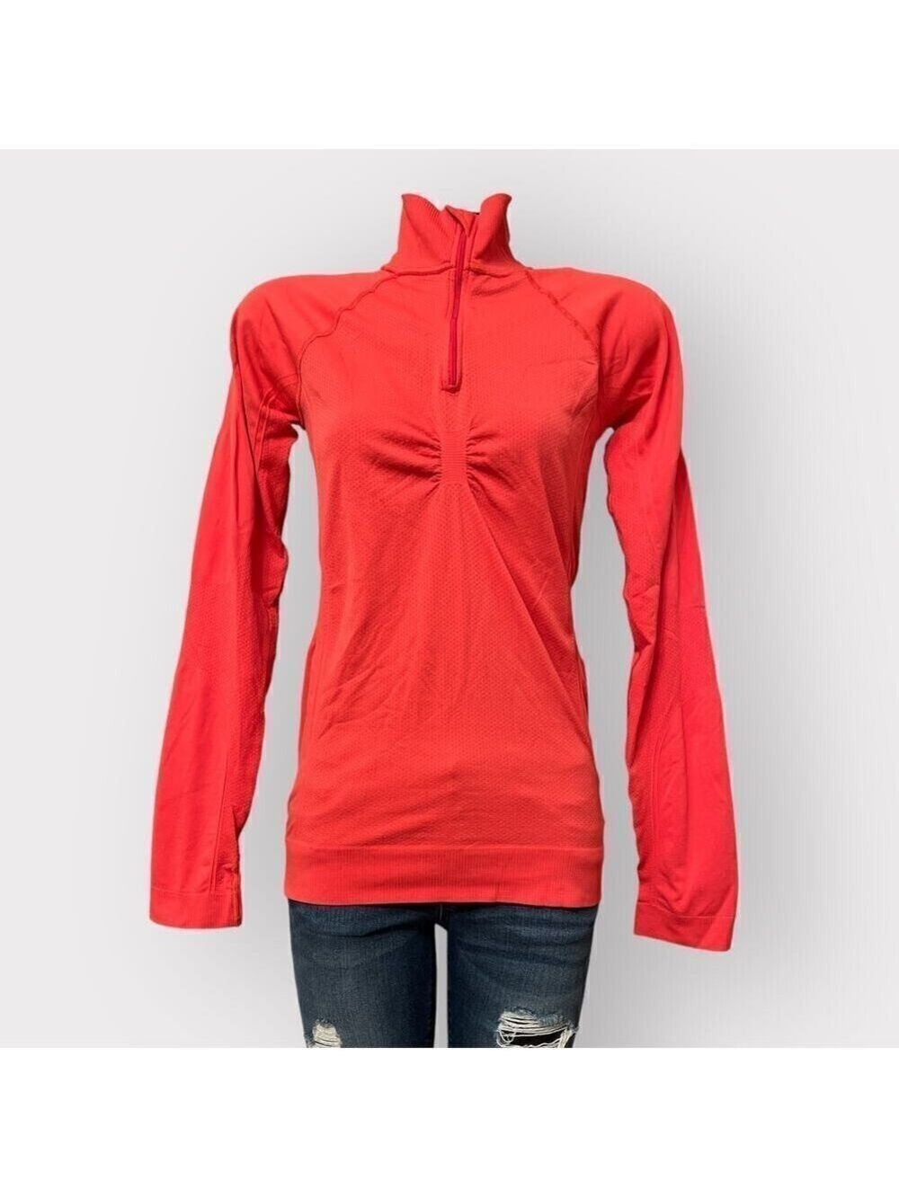 Lucy Tech 1/4 Zip Seamless Pullover Athletic Top M Coral Long Sleeves Thumbholes